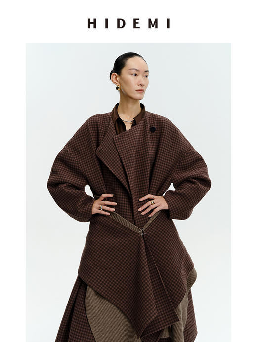 HIDEMI 深咖色格纹长款围巾式大衣 商品图8