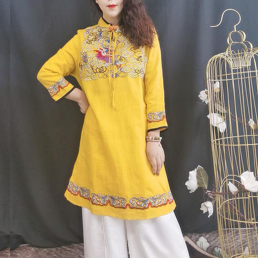 D6013重工刺绣亚麻上衣2022民族风夏季开叉七分袖衬衫新品女装上衣 商品图1