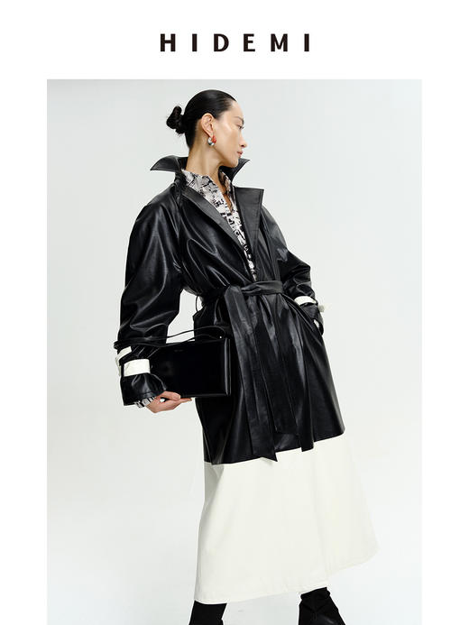 HIDEMI 黑白拼接极简之感长款环保皮风衣皮衣 商品图8