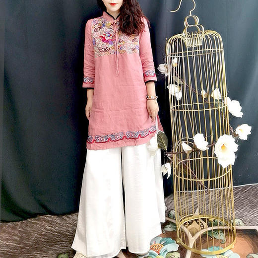 D6013重工刺绣亚麻上衣2022民族风夏季开叉七分袖衬衫新品女装上衣 商品图5