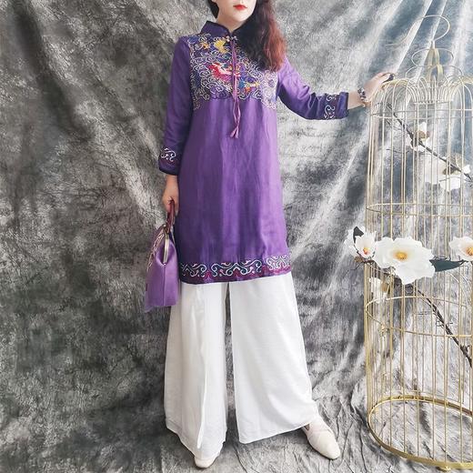 D6013重工刺绣亚麻上衣2022民族风夏季开叉七分袖衬衫新品女装上衣 商品图9