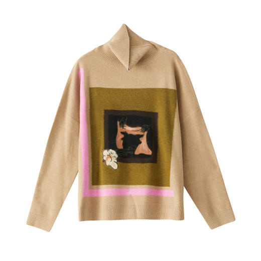 谜底2022冬复古Oversize艺术图案宽松高领套头针织衫女229MZ6202 商品图4