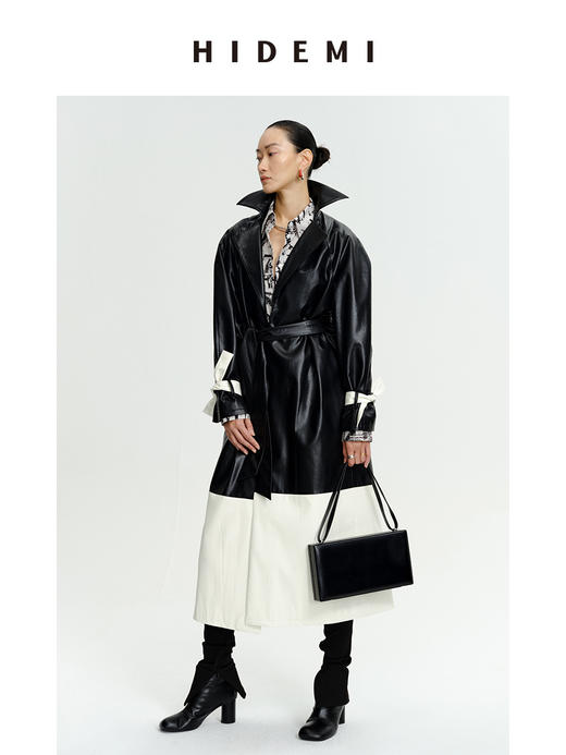 HIDEMI 黑白拼接极简之感长款环保皮风衣皮衣 商品图4