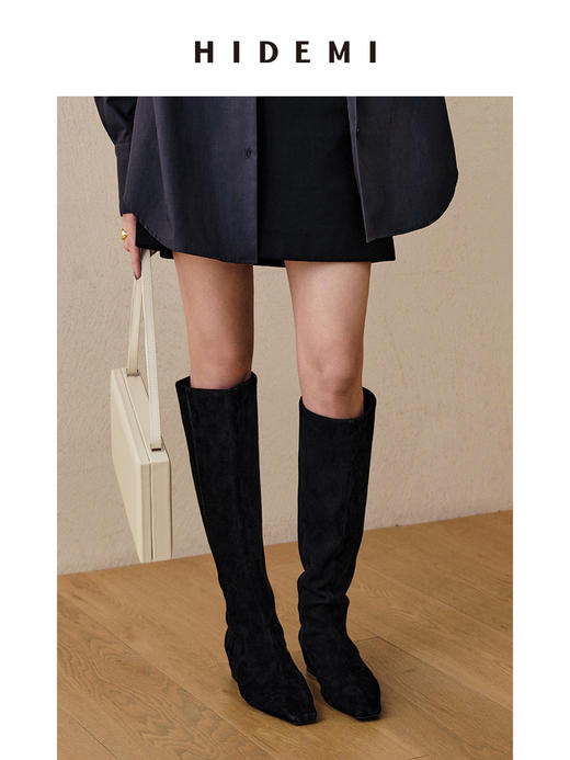 HIDEMI 黑色牛皮/麂皮经典款方尖头内增高长靴 商品图7