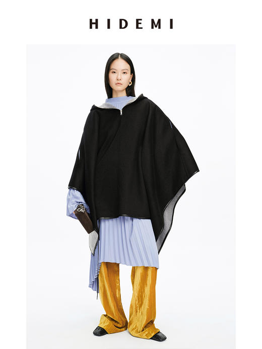HIDEMI 水波双面双色羊毛拉链廓形大斗篷大衣 商品图1