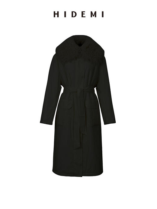 HIDEMI 皮毛一体可拆卸超大卷毛领廓形拉链口袋棉服长款大衣 （黑色/白色 ） 商品图11