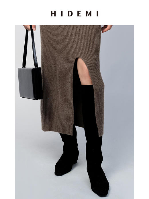 HIDEMI 黑色牛皮/麂皮经典款方尖头内增高长靴 商品图8