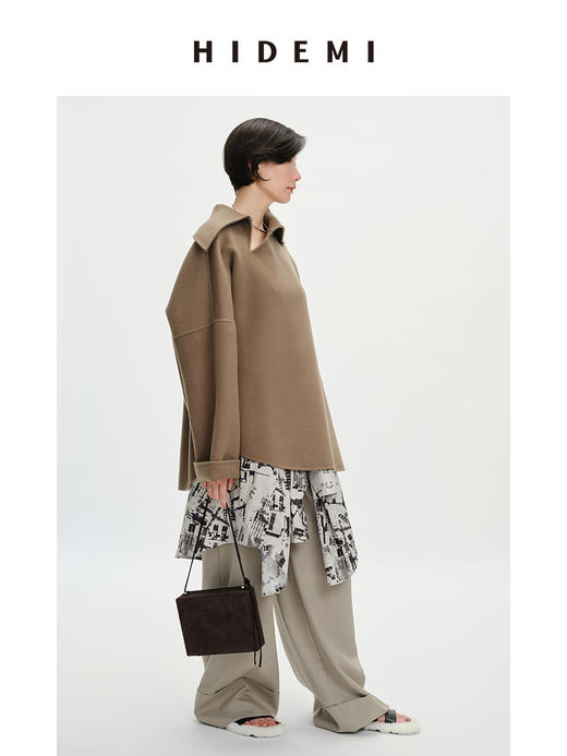 HIDEMI 美利奴双面羊毛不对称翻领大廓形套头大衣外套 商品图0