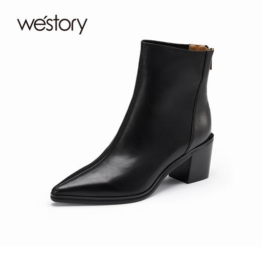 westory22年秋冬新款尖头短靴复古休闲大气质感粗跟靴82201 商品图1