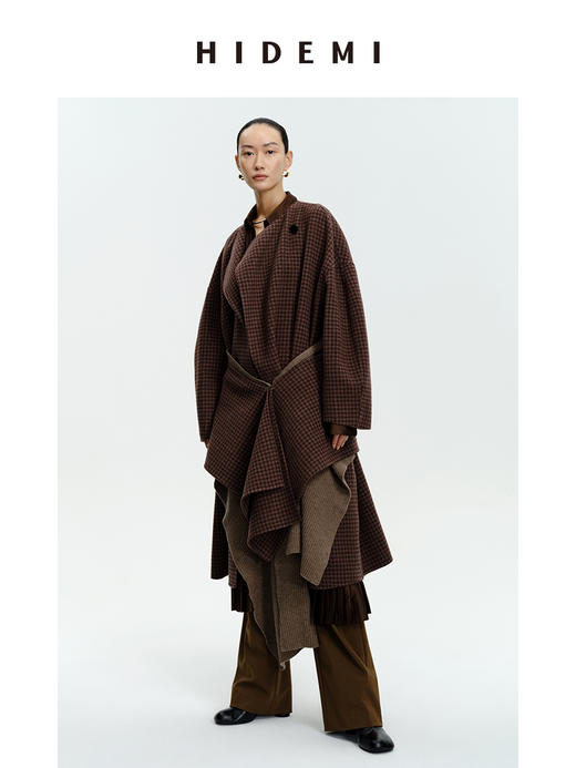 HIDEMI 深咖色格纹长款围巾式大衣 商品图7