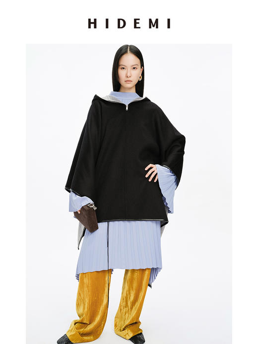 HIDEMI 水波双面双色羊毛拉链廓形大斗篷大衣 商品图2