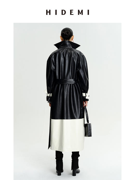 HIDEMI 黑白拼接极简之感长款环保皮风衣皮衣 商品图13