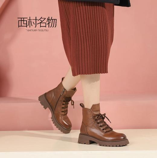 西村名物2022秋冬季新款厚底马丁靴圆头系带增高女舒适短靴44931 商品图1