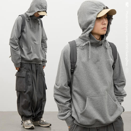 CryingCenter 双重领设计 加绒花灰色连帽立领卫衣 哭喊中心 商品图2