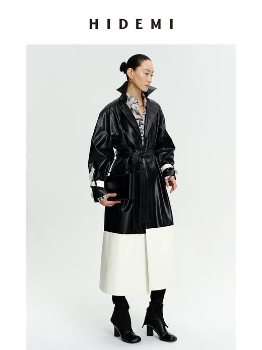 HIDEMI 黑白拼接极简之感长款环保皮风衣皮衣 商品图5