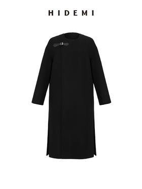 HIDEMI 美利奴双面羊毛不对称皮扣设计感廓形大衣外套
