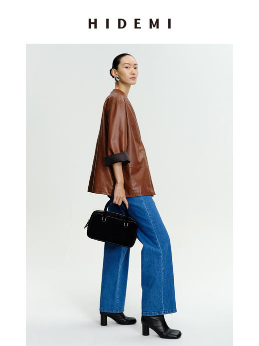 HIDEMI 新西兰羊皮V领极简廓形西装皮衣外套 蜡感焦糖色/亚光黑色 商品图11