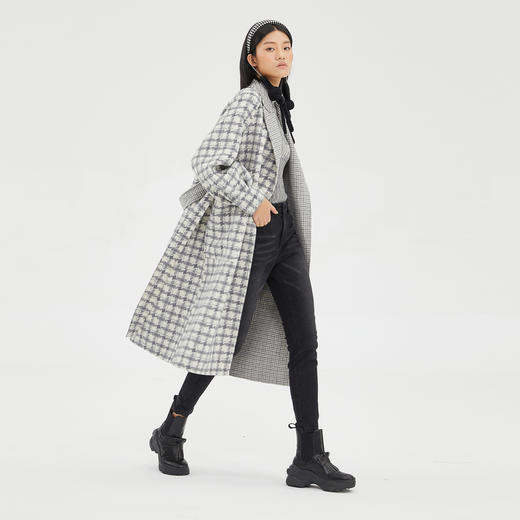 谜底2022冬季新款两面穿毛呢大衣宽松绑带格子双面呢女229MD6227 商品图2