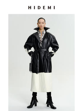 HIDEMI 黑白拼接极简之感长款环保皮风衣皮衣