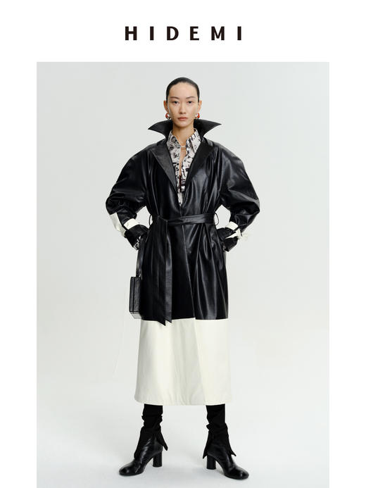 HIDEMI 黑白拼接极简之感长款环保皮风衣皮衣 商品图0