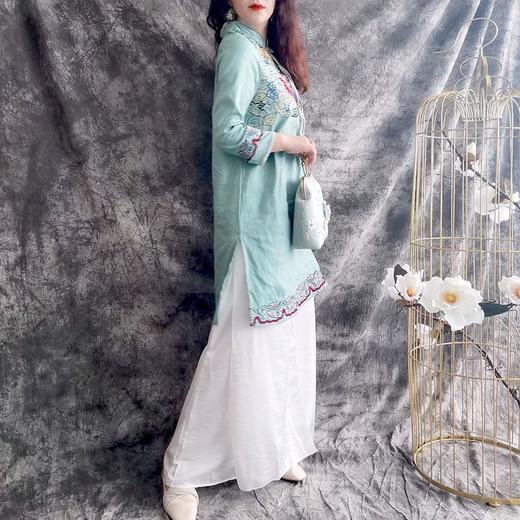 D6013重工刺绣亚麻上衣2022民族风夏季开叉七分袖衬衫新品女装上衣 商品图7