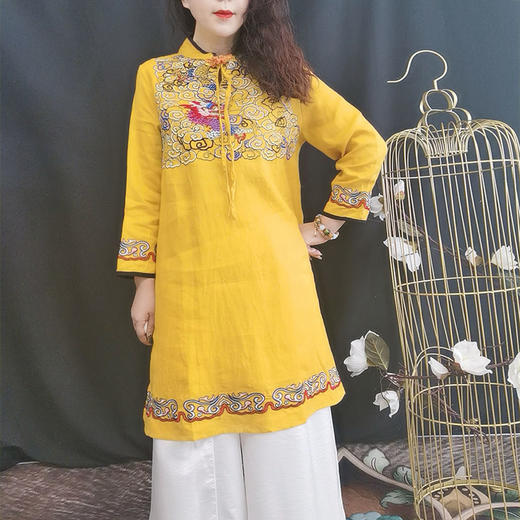 D6013重工刺绣亚麻上衣2022民族风夏季开叉七分袖衬衫新品女装上衣 商品图0