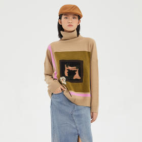 谜底2022冬复古Oversize艺术图案宽松高领套头针织衫女229MZ6202