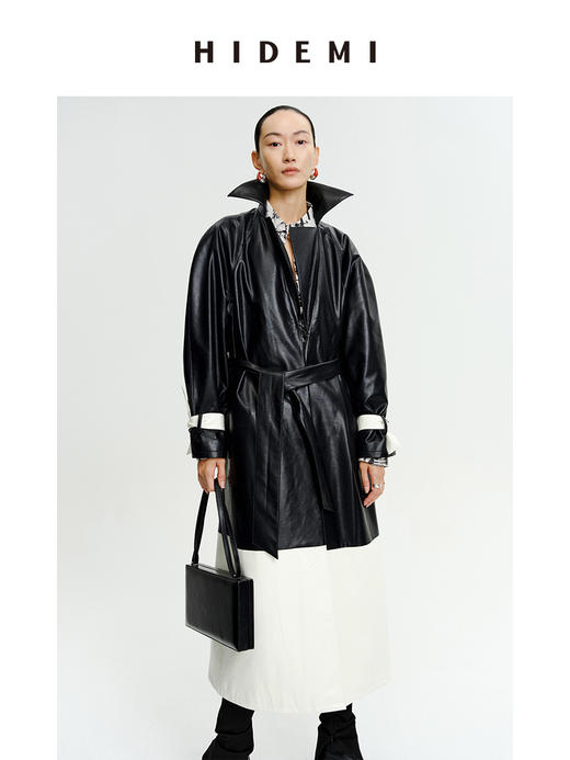 HIDEMI 黑白拼接极简之感长款环保皮风衣皮衣 商品图11