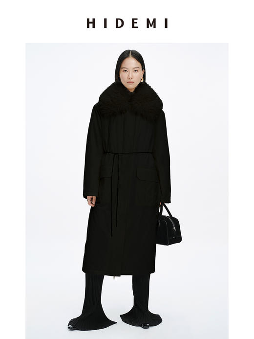 HIDEMI 皮毛一体可拆卸超大卷毛领廓形拉链口袋棉服长款大衣 （黑色/白色 ） 商品图12