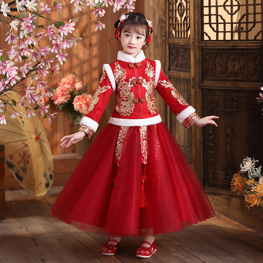 DY-9922汉服女童裙套装秋冬加绒中国风唐装拜年服女孩演出儿童连衣裙 商品图1