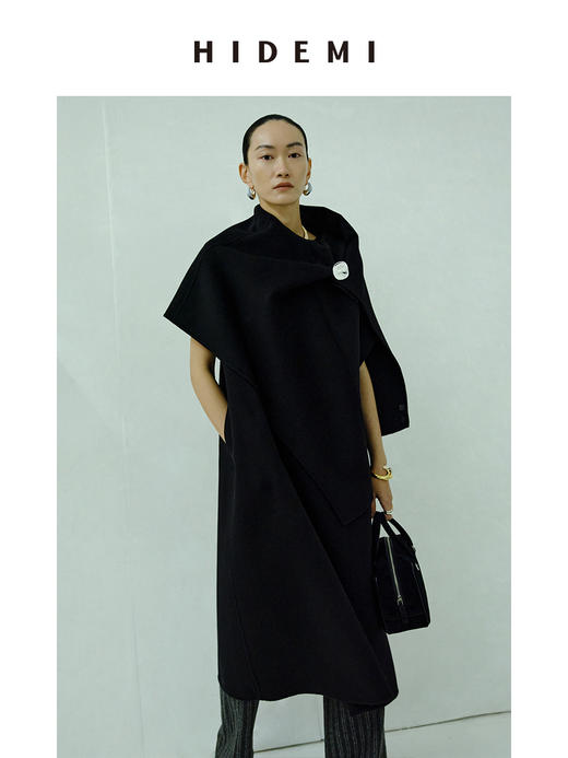 HIDEMI 美利奴羊毛廓形极简皮扣设计感斗篷/连衣裙两件套 商品图11