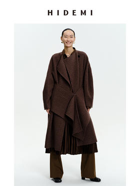 HIDEMI 深咖色格纹长款围巾式大衣