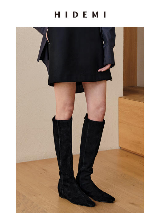HIDEMI 黑色牛皮/麂皮经典款方尖头内增高长靴 商品图6
