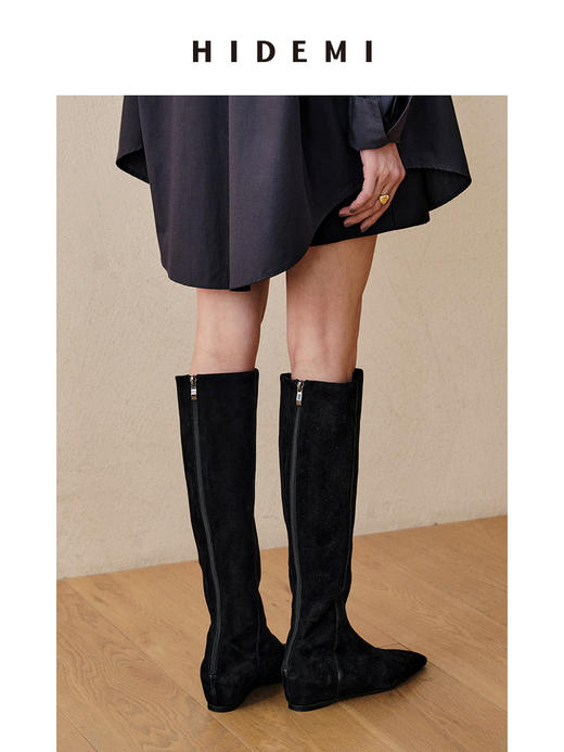 HIDEMI 黑色牛皮/麂皮经典款方尖头内增高长靴 商品图11
