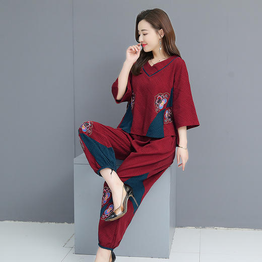 NLYJ-套装棉麻两件套夏新款民族风女七分袖V领t恤+松紧腰九分裤宽松套装 商品图4