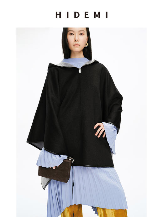 HIDEMI 水波双面双色羊毛拉链廓形大斗篷大衣 商品图3
