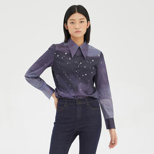 谜底复古衬衫2022秋季新款星空印花修身显瘦衬衣长袖女228MC6228 商品图0