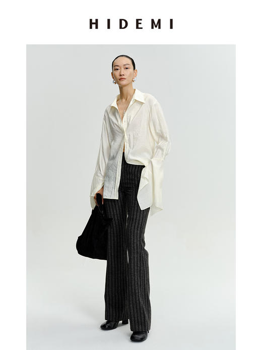 HIDEMI 时髦灰色竖条纹显瘦喇叭神裤 商品图4