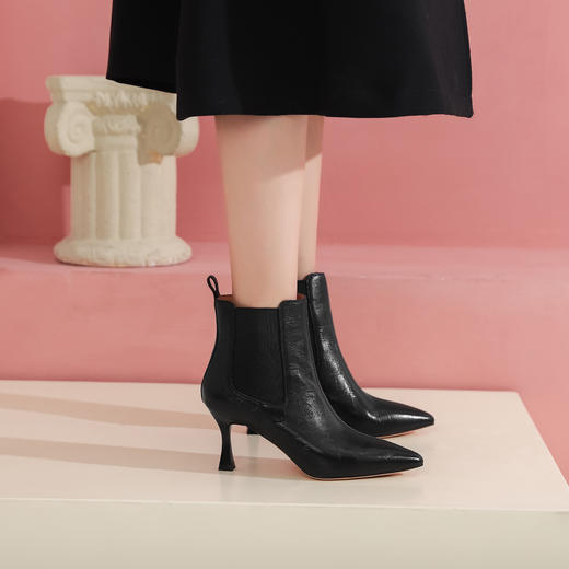 西村名物欧美短靴优雅尖头细跟羊皮压纹黑色皮靴女显瘦气质44881 商品图3
