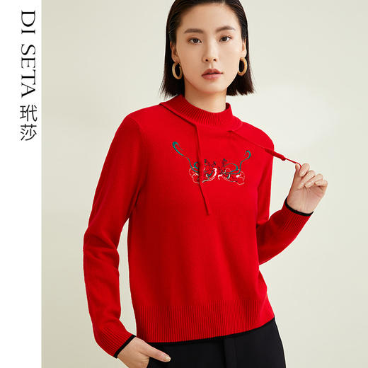 玳莎100%绵羊毛半高圆领针织衫女冬季精致绣花设计感休闲绳结羊毛衫  CD33313 商品图0