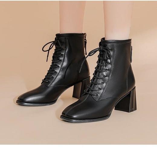 XYXY1098838 韩版时尚气质方头前系带粗跟短筒靴 商品图4