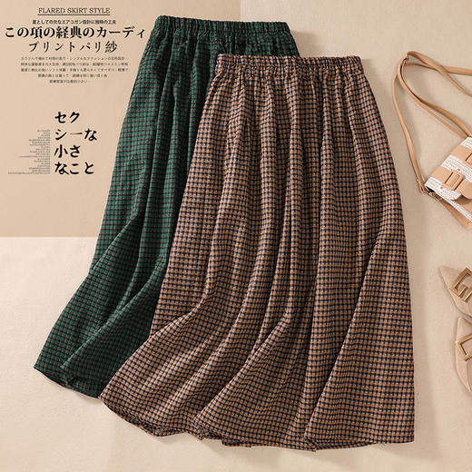 GYH 8322复古格子半身裙松紧高腰大码棉麻裙 商品图0