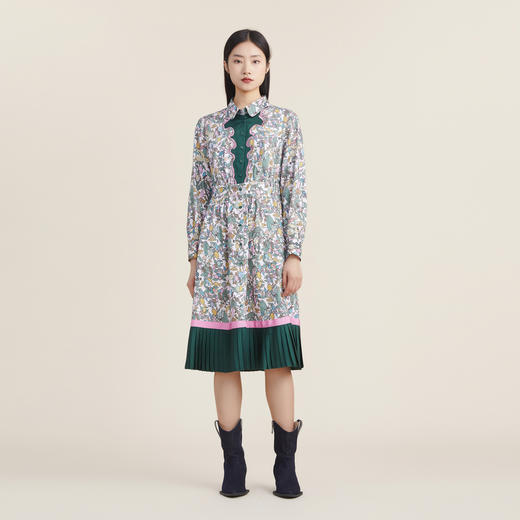 谜底连衣裙2022秋款复古文艺小碎花拼接百褶下摆中长裙223ML1146 商品图0