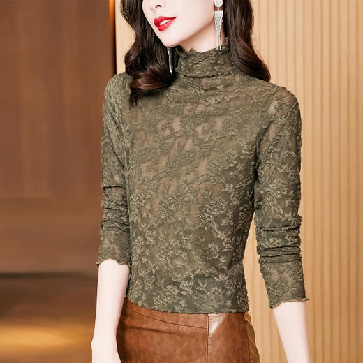 KQL E38M2505 2022秋季新款高领复古蕾丝长袖t恤修身显瘦洋气内搭打底衫上衣 商品图1