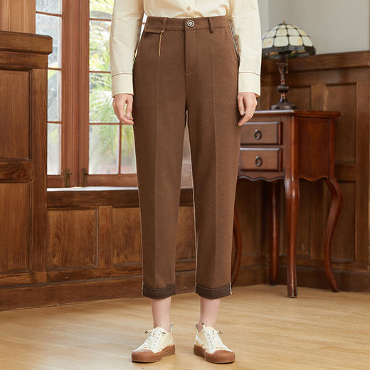 Famecoco范可儿中腰裤子女秋冬款微弹直筒显瘦纯色休闲裤女F228GA003 商品图0