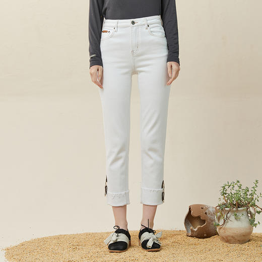 Famecoco范可儿直筒翻边牛仔裤女冬丹宁拼接pu皮袢九分裤F228GA014 商品图1