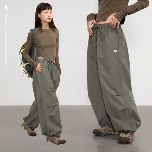 CryingCenter 灰绿 美式风衣料阔腿裤橡筋运动裤空气裤 哭喊中心 商品图2