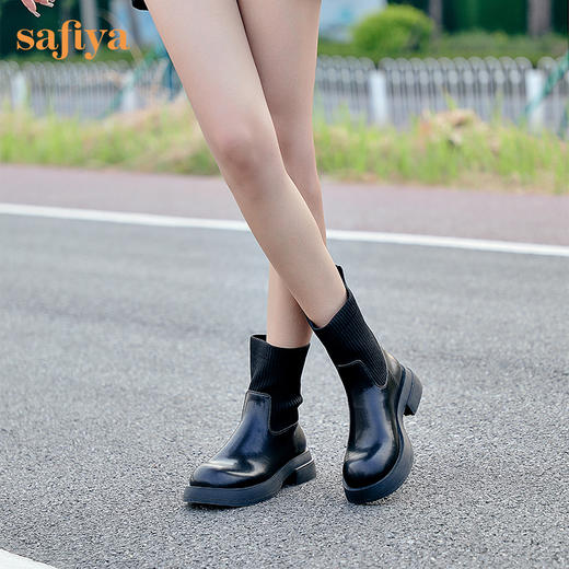 【新品特惠】Safiya/索菲娅 弹力袜靴2022冬季新款复古英伦风厚底侧拉链百搭显瘦短靴 SF24116130 商品图1