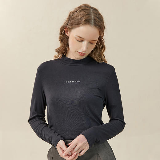 famecoco范可儿高弹字母印花t恤女半高领打底上衣长袖F228BB003 商品图1