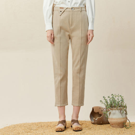 Famecoco范可儿明线休闲裤女显瘦纯棉百搭裤脚开叉直筒裤F228GA004 商品图0